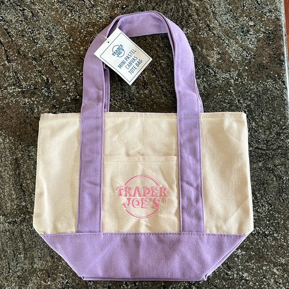 Trader Joe’s Mini Canvas Tote Purple Pink Stitching Pastel Limited Edition NWT - Picture 1 of 2